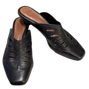 Nurture Black Leather Columbus Perforated Mule Stacked Kitten Heel Shoes 8.5